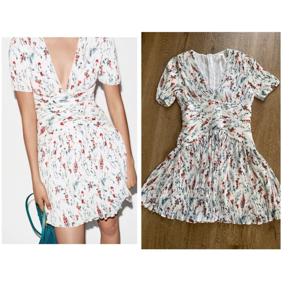Maje Dresses & Skirts - Maje White Rasion Pleated V-Neck Floral-Print Mini Dress